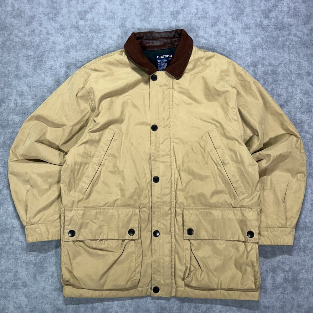 Vintage Nautica Tan Barn Chore Jacket Leather Collar Lined Utility Coat Mens M